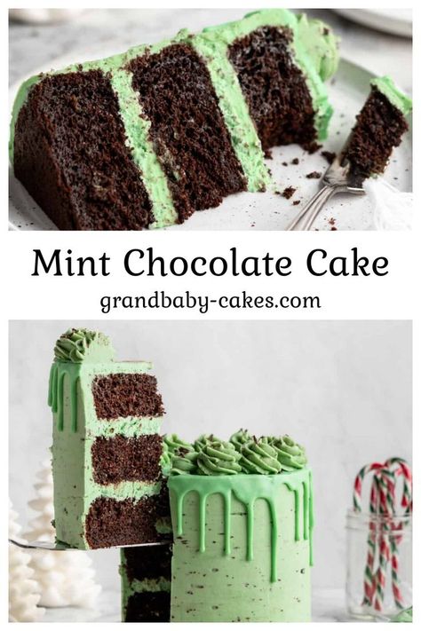 Mint Filling For Cake, Chocolate Mint Layer Cake, Green Cake Flavors, Green Frosted Cake, Mint Chocolate Cake Recipe, Green Buttercream Cake, Chocolate Mint Cake, Green Buttercream, Grinch Cake