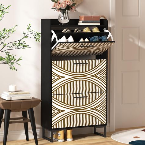 Entryway Ideas For Guest Shoes, Mcm Diy, Loft Office Ideas, Narrow Shoe Cabinet, Modern Shoe Storage, Shelves Freestanding, Shoe Cabinet Entryway, Organizer Cabinet, Patterned Furniture