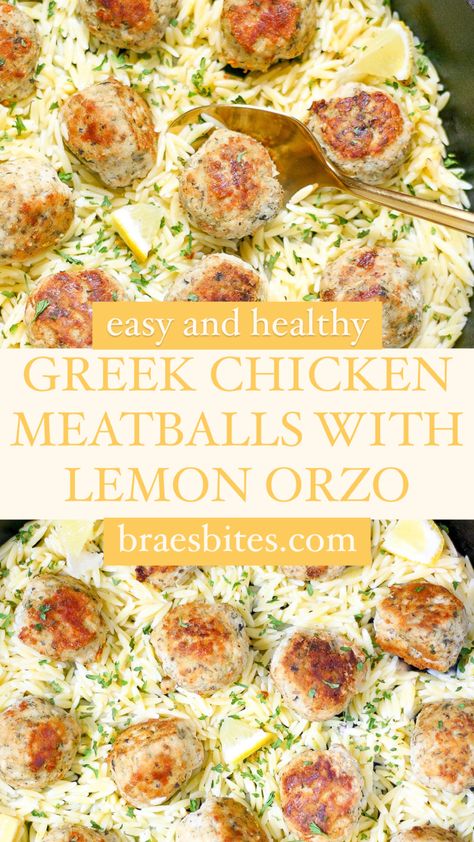 Delicious, healthy and easy Greek chicken meatballs topped over a lemon orzo pasta. Baked Sage Chicken Meatballs With Orzo, Country Club Chicken, Lemon Orzo Meatball, Orzo And Chicken Meatballs, Easy Greek Chicken Meatballs With Lemon Orzo, Dinner For 1 Ideas, Chicken Meatball Orzo Recipes, Greek Meatballs And Orzo, Orzo With Meatballs