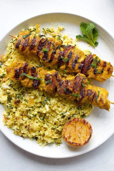 Moroccan Chicken Recipe, Cauliflower Couscous, Whole30 Dinner, Herb Oil, Chicken Skewer Recipe, Whole30 Dinner Recipes, Easy Whole 30 Recipes, Moroccan Chicken, Whole30 Dinners