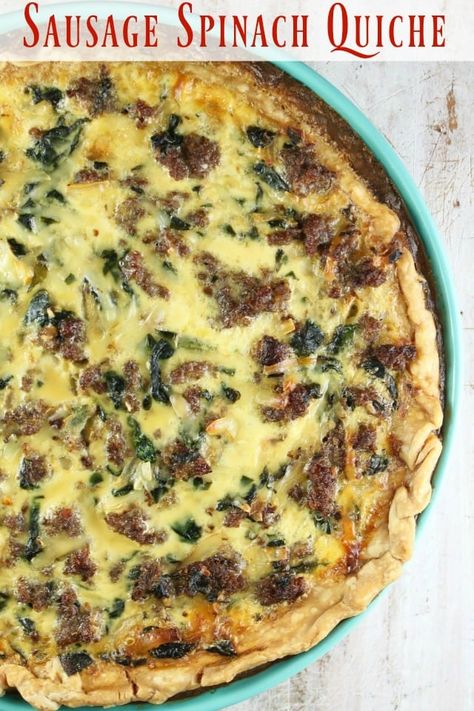 Sausage Spinach Quiche is a delicious dish for anytime of day. A flavorful and filling meal with eggs, smoked cheese, sausage and spinach all baked up in a flaky pie crust. #spinach #quiche #brunch #breakfast #spinach #missinthekitchen Quiche Filling Ideas, Sausage And Spinach Quiche, Sausage Spinach Quiche Recipes, Sausage Egg Cheese Quiche, Spinach Egg Quiche, Quiche Recipes Goat Cheese Spinach, Sausage And Egg Quiche Pie Crusts, Spinach Sausage Quiche Crustless, Breakfast Quiche Sausage