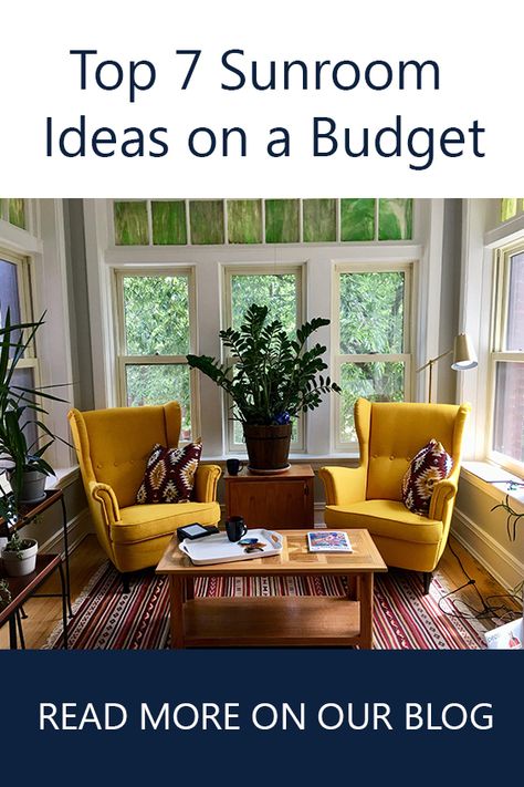 Top 7 Sunroom Ideas on a Budget. For more tips and pics visit our blog at www.gambrick.com Ideas For Sunroom Decorating, Small Sunporch Decorating Ideas, Four Season Room Furniture, Sunroom Designs Room Additions, Furniture For Sunroom Room Ideas, Small Sunporch Ideas, Sunroom Interior Ideas, Small Indoor Sunroom Ideas, Indoor Sunroom Ideas Cozy