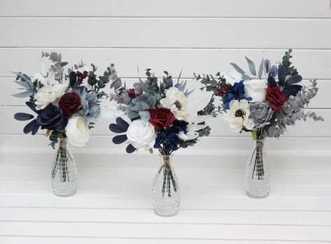 🌹 Perfect for any event #centetpieces #tabledecor #tableflowers #weddindecor #weddingarrangement #flowersdecoration #FlowerArrangement #artificialflowers #fauxflowerarrangement Dusty Blue And Burgundy Wedding Flowers, Dusty Blue And Burgundy Wedding Theme, Slate Blue And Burgundy Wedding, Navy And Burgundy Wedding Centerpieces, Burgundy And Dusty Blue Wedding, Navy And Dusty Blue Wedding, Burgundy Blue Wedding, Dusty Blue And Burgundy Wedding, Navy Blue Wedding Decorations