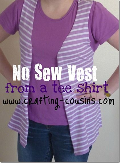 no sew vest crafty cousins  [something to try with a tee that's too fitted or short...also something to embellish!] Diy Old Clothes To New Fashion No Sew, No Sew Vest, Sew Vest, Diy Vest, T Shirt Remake, Shirt Transformation, Shirt Scarf, Hallowen Costume, Sewing Basket