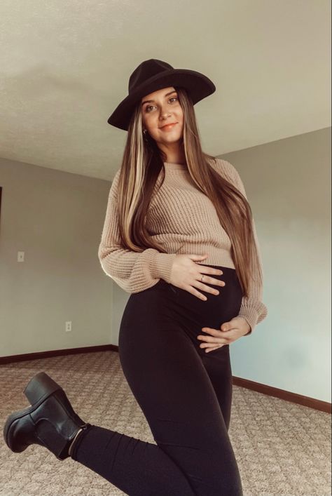 women’s maternity leggings over the belly pregnancy active workout yoga tights pants. black velvet fedora hat. nude beige khaki cropped knit sweater. fall weather fashion outfit of the day. workwear office wear versatile lounge wear. bump approved Follow my shop @huntercrays on the @shop.LTK app to shop this post and get my exclusive app-only content! #liketkit #LTKbump #LTKSeasonal #LTKstyletip @shop.ltk http://liketk.it/3qd0D Thanksgiving Pregnant Outfit, Cool Pregnancy Outfits, Leggings Outfit Dressy, Prego Outfits, Fall Maternity Outfits, Casual Maternity Outfits, Pregnancy Outfit, Cute Maternity Dresses, Winter Maternity Outfits