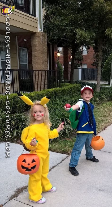 Pikachu Costume Kids, Pokemon Halloween Costumes, Pikachu Halloween Costume, Ash Costume, Pokemon Halloween Costume, Cool Couple Halloween Costumes, Pikachu Halloween, Diy Pokemon, Sibling Halloween Costumes