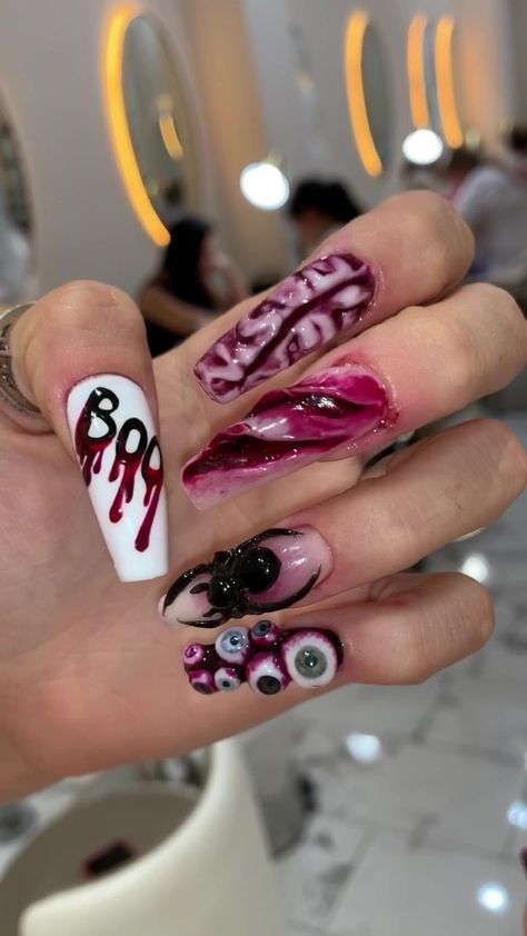 Slipknot Nails, Scary Icons, Horror Movie Nails, Gore Nails, Nail Art Design 2023, Movie Nails, Zombie Nails, Blood Nails, Scary Nails