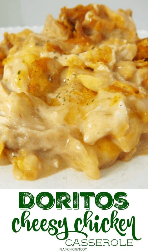 Doritos Cheesy Chicken Casserole - THE BEST Mexican casserole EVER! Chicken, sour cream cream of mushroom, cream of chicken, salsa, corn, cheese and Doritos! Everyone goes nuts over this casserole. Only takes a minute to assemble and it is ready to eat in 20 minutes. SO quick and easy. Great for a crowd - even picky eaters love this! Best Mexican Casserole, Best Chicken Casserole Recipes, Chicken Cheese Casserole, Chicken Sour Cream, Chicken Dorito Casserole, Best Chicken Casserole, Cheesy Chicken Casserole, Chicken Salsa, Dorito Chicken