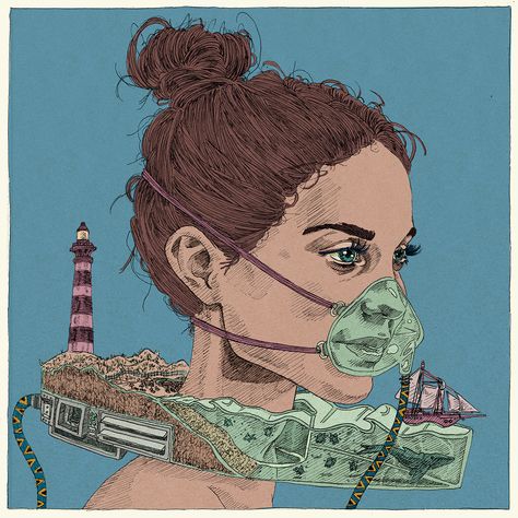 https://www.thisiscolossal.com/2020/07/kit-layfield-mask-illustrations/?mc_cid=ae8ac16213 Oxygen Mask Drawing, Mask Illustration, Artist Study, Oxygen Mask, Lion Mask, Mask Drawing, Sketch Human, Colossal Art, Game Illustration