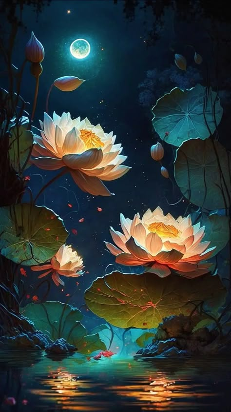 Glowing Lotus, Lotus Moon, Lotus Flower Wallpaper, Lotus Wallpaper, Lotus Flower Pictures, Lotus Art, Lovely Flowers Wallpaper, 수채화 그림, Cool Wallpapers Art