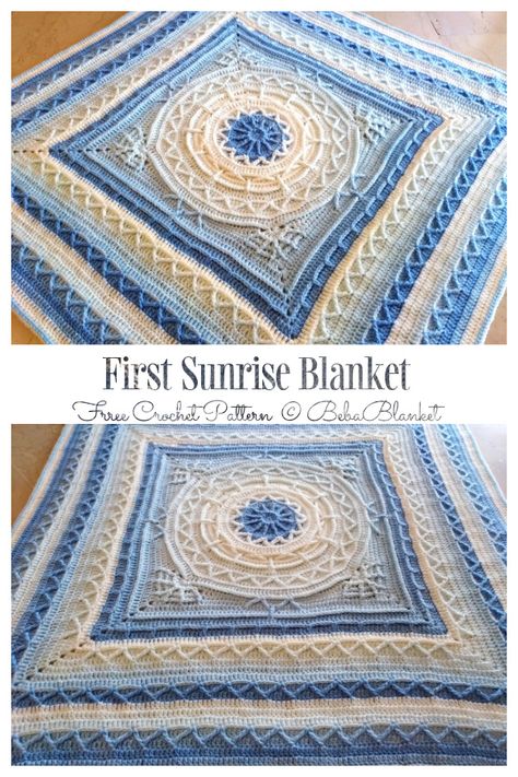 First Sunrise Blanket Free Crochet Pattern Crochet King Size Blanket Pattern, Gradient Yarn Crochet Pattern, Solid Color Crochet Blanket Patterns, Mandala Crochet Blanket Free Pattern, Hekel Blokke, Crocheted Ideas, Pattern Board, Blankets Crochet, Modern Crochet Blanket