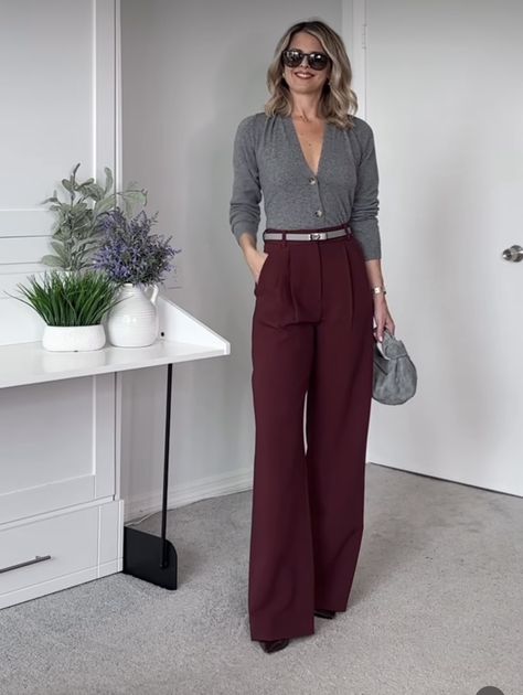 Cherry Pants Outfit, Pants Outfits For Women Formal, Burgundy Culottes Outfit, Grey And Burgundy Outfits For Women, Womens Burgundy Suit, Burgundy Shirt Outfit Women Work, Maroon Slacks Outfit Women, Mariner Pants Outfit, Styling Maroon Pants