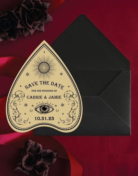 Intimate Gothic Wedding, Goth Save The Date Ideas, Spooky Save The Date Ideas, Gothic Fall Wedding Ceremony Decor, October Spooky Wedding Ideas, Dark Goth Wedding, Gothic Invitation Card, Edgy Backyard Wedding, Gothic Theme Wedding