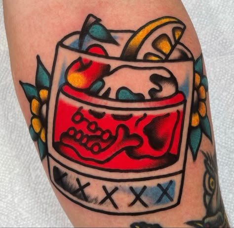 Traditional Whiskey Tattoo, American Traditional Food Tattoo, Drinking Tattoos, Mario Tattoos, Vegas Tattoos, Cocktail Tattoo, Designing Tattoos, Bison Tattoo, Hammer Tattoo