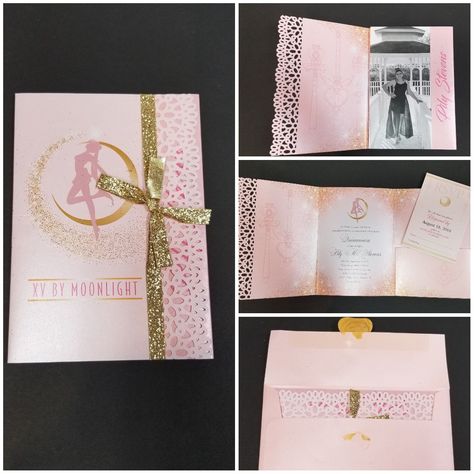 A complete custom invitation to our daughter's Quinceanera celebration. From graphic design, die cuts, envelopes, to the final touch of the gold ribbon. These were exactly what my daughter wanted. A part of her inner child with the touch of elegance she much wanted. High end patella papers were used along with matching envelopes.  Less formal invitations were created for her school friends without taking away the glamour. Sailor Moon Quinceanera, Sailor Moon Birthday Invitations, Sailor Moon Invitations, Sailor Moon Party, Fifties Party, Sailor Moon Birthday, Sailor Moon Wedding, Formal Invitations, Quince Stuff