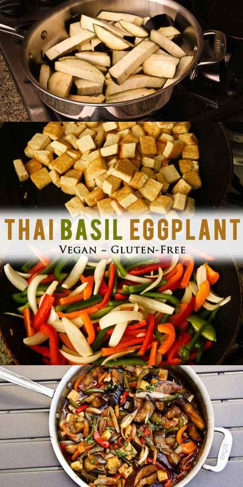 This easy Thai Basil Eggplant dish is made in one pot, easy sauce, no frying necessary, and shows you how to cook the most perfect eggplant! Make this vegan, gluten-free Thai dish at home over a bed of cooked brown rice or quinoa! #thaifood #thairecipes #eggplantrecipes #veganthairecipes #tofurecipes #glutenfreerecipes #thaieggplant Vegan Chinese Eggplant Recipes, Thai Eggplant Recipes, Basil Eggplant, Eggplant Vegan, Thai Vegan, Thai Eggplant, Eggplant Dishes, Thai Basil, Eggplant Recipes