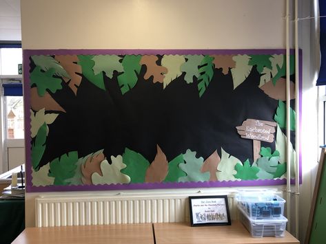 Enchanted Woodland classroom display board Forest Display Classroom, Forest School Display Board Ideas, Forest Theme For Preschool, Woodland Birthday Board Classroom, Nature Theme Bulletin Board Ideas, Bambi Classroom Theme, Woodland Daycare Room, Cottagecore Bulletin Board, Woodland Creatures Classroom Theme