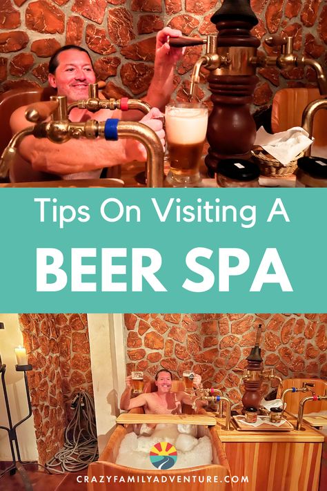 Contains 2 images showing a man in an oak tub in a beer spa in Prague. Beer Spa Prague, Beer Spa, Europe Packing List, Bucket List Family, Packing For Europe, Best Spa, European Vacation, Budget Travel Tips, The Beer