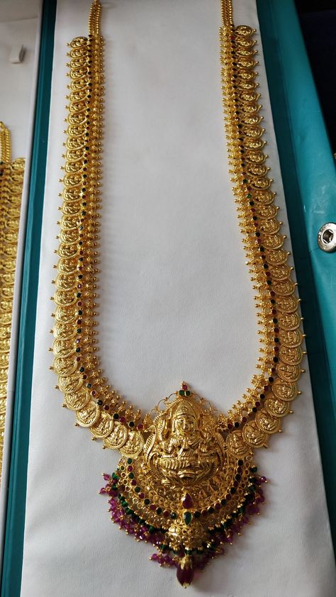 Gold Jewelry Long Haram, Laxmi Kasula Haram, Kasula Peru Designs, Lakshmi Kasula Haram, Laxmi Haram Designs Gold, Kasu Necklace Designs, Kasu Haram Designs, Gold Long Haram Designs In 40 Grams, Light Weight Kasulaperu Designs