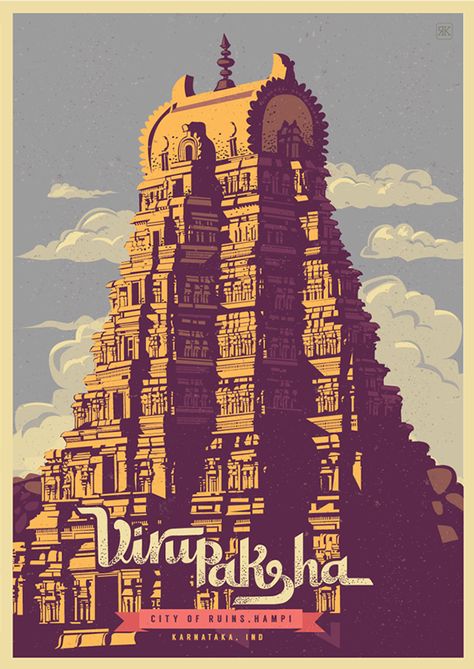 Discover India Series - Hampi on Behance Temple Poster, India Poster, Indian Temple Architecture, Indian Illustration, Temple Architecture, Temple Art, Hampi, Retro Graphics, Travel Postcard