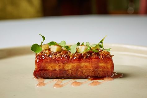 Pork Belly with Sichuan Crab Apple Ketchup Recipe - Great British Chefs Pork Fine Dining Plating, Pork Belly Recipes Fine Dining, Pork Belly Starter, Meat Starters Fine Dining, Pork Belly Fine Dining, Sous Vide Pork Belly, Apple Ketchup Recipe, How To Cook Pork Belly, Meat Starters