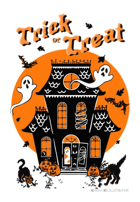 This Trick or Treat Haunted House Print is perfect for adding some vintage spooky style to your home. The 5"x7" post card-style print will create an atmosphere of fun and fright for Halloween! Printed on premium matte cardstock. Path Inktober, Mcm Halloween, Trick Or Treating Aesthetic, Haunted House Illustration, Halloween Spooky Aesthetic, Spooky Inspiration, Halloween Windows, Vintage Haunted House, Draw Halloween