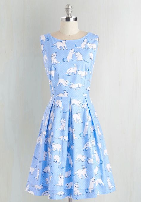 Chalk of the Town Dress in Kittens ($59.99) Cat Print Dress, Kitten Dress, Sky Blue Dress, Cat Dress, Retro Vintage Dresses, Light Blue Dresses, Cat Dresses, Blue Dress Casual, Pattern Dress