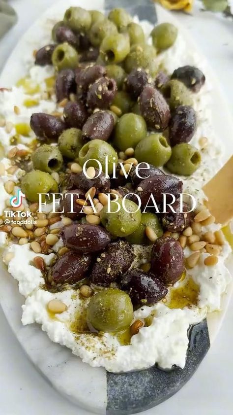 Olive Feta Board, Feta Board, Whipped Feta, Party Food Platters, Charcuterie Recipes, Green Olives, Kalamata Olives, Think Food, Plain Yogurt