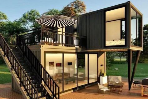 This Is the Chicest Tiny House We’ve Seen on Amazon—Check Out Its Two Stories and Spacious Upper Deck Tiny House Luxury, Shipping Container Home, Shipping Container House, Rooftop Deck, Container Home, Tiny Houses For Sale, Two Story Homes, Shipping Container Homes, Second Story