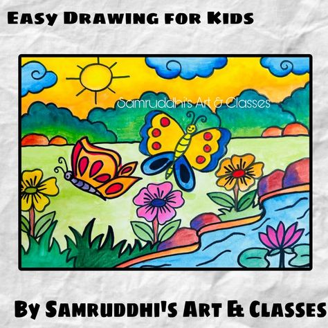 Scenary Drawings For Kids, Butterfly Garden Drawing, Garden Drawing For Kids, Garden Drawing Simple, Kids Canvas Painting, Child Painting, Drawing Classes, Easy Art For Kids, Basic Painting