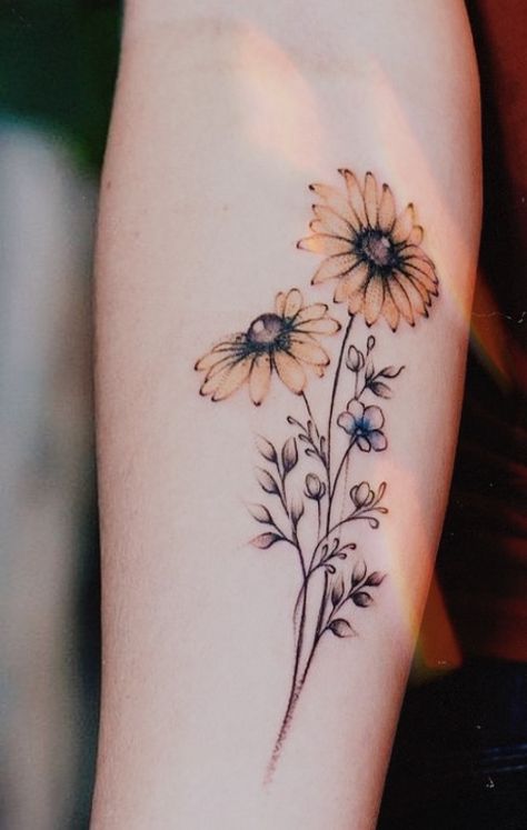 Pastel Sunflower Tattoo, Double Sunflower Tattoo, Sunflower And Lilac Tattoo, Sunflower With Ladybug Tattoo, Sunflower Foot Tattoos For Women, Lily Sunflower Tattoo, Wild Sunflower Tattoo, Sunflower Tattoo Collar Bone, Sunflower Tattoo On Forearm