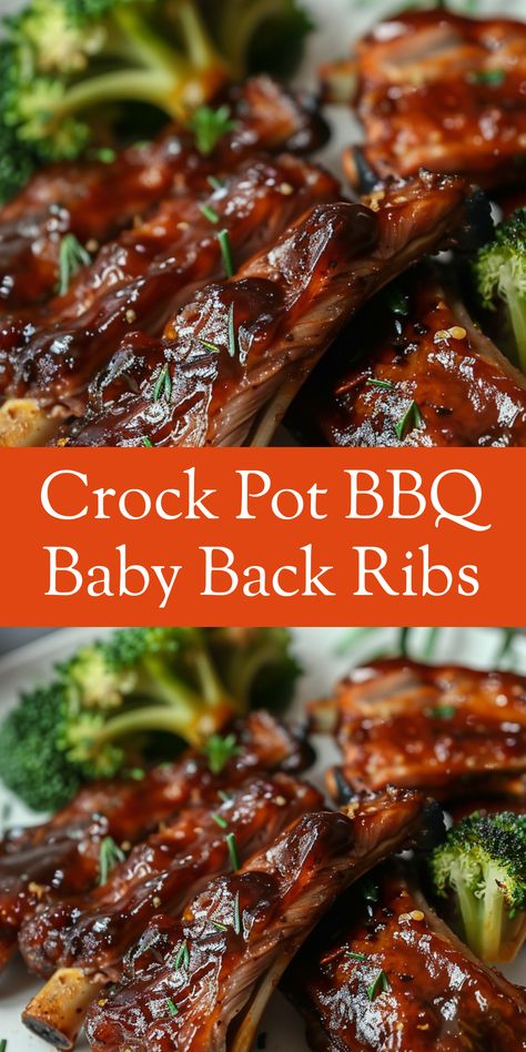 Enjoy delicious BBQ baby back ribs made in the crock pot. Simple ingredients and slow-cooked to perfection! Bbq Ribs In Slow Cooker, Crock Pot Pork Ribs Recipe, Slow Cooker Bbq Ribs Crock Pots, Bbq Baby Back Ribs On The Grill, Rib Recipes In Crockpot, How To Cook Ribs In Crockpot, Easy Crockpot Ribs Simple, Crock Pot Pork Ribs Slow Cooker, Slow Cooked Ribs Crockpot