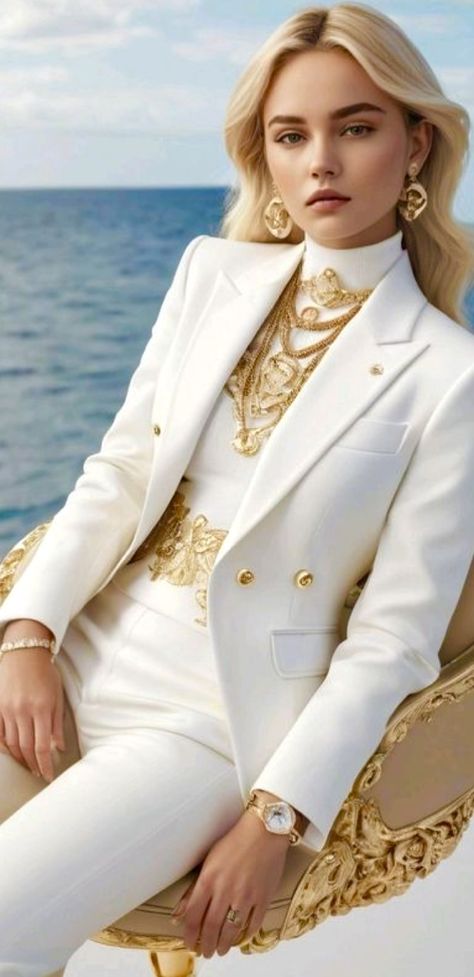 Source hany_432 White Suit For Women, 2024 Makeup, Hairstyles Fall, Health Women, Nails Health, Gold Suit, Gorgeous Outfits, Fashion Design Patterns, Nails Fashion