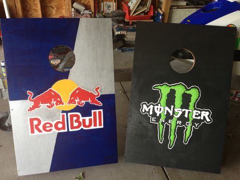 Cornhole Boards! I painted the logo and the boards! Redbull and Monster Energy! Monster Energy Painting, Redbull Can Drawing, Redbull Can Room Decor, Red Bull Can Art, Monster Energy Drink Logo, Monster Energy Drink, Outdoor Diy, Cute Paintings, Monster Can