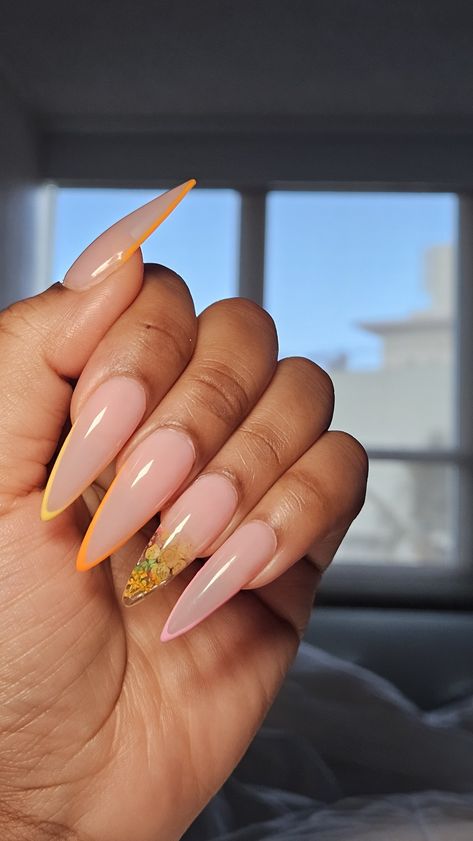 Easy gel x stiletto nails with encapsulated flowers. Pink, yellow and orange french tips are perfect for any summer vacation! Vacation Prep, Vacation Nails, Nails At Home, Me Clean, Stiletto Nails, Nail Inspo, Nail Polish, Orange, Nails