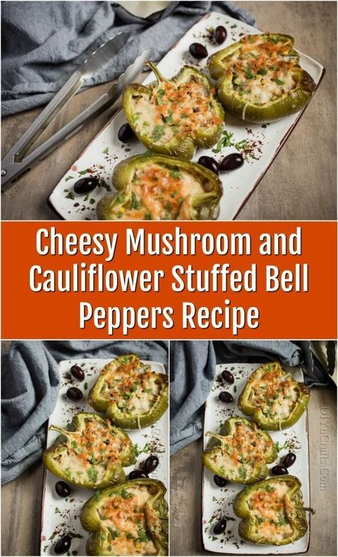 Cheesy Mushroom and Cauliflower Stuffed Bell Peppers Recipe is a crazy-fun appetizer that's lowcarb and perfect for your keto diet plan! #ketodiet #cauliflower #lowcarb #stuffedmushrooms #mushroomrecipes #stuffedpeppers #easyrecipes #comfortfood Mushroom And Cauliflower, Vegan Stuffed Bell Peppers, Stuffed Bell Peppers Recipe, Creative Bouquet, Green Meals, Bell Pepper Recipes, Cheese Stuffed Peppers, Veggie Meals, Balsamic Chicken