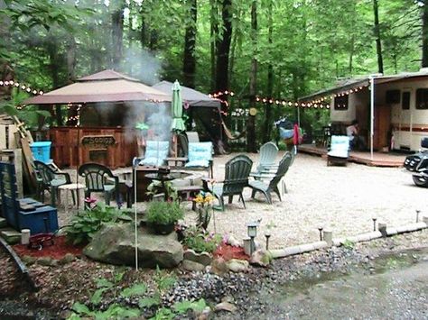 Rv Deck Ideas, Seasonal Campsite, Rv Deck, Campsite Decorating, Campsite Setup, White Pines, Rv Lots, Rv Campsite, Camping Resort