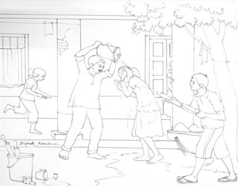 Holi Composition Drawing, Holi Festival Drawing Sketch, Holi Scene Drawing, Festival Memory Drawing, Holi Drawing Ideas, Class Illustration, Holi Drawing, Color Sketches, Scenery Drawing For Kids