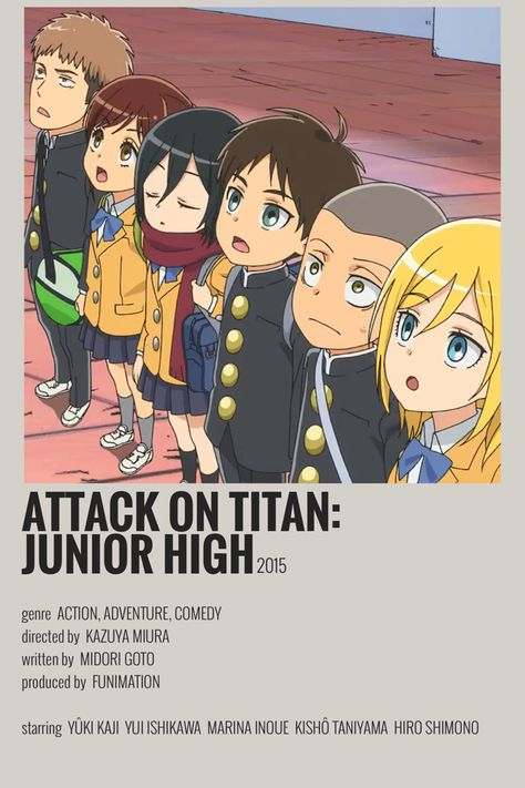 Anime Film Poster, High School Wallpaper, Attack On Titan Poster, Aot Junior High, Minimalist Anime Poster, Anime Polaroid, Attack On Titan Junior High, Anime Title, Posters Anime