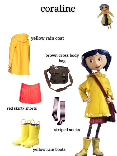 Coraline Raincoat Outfit, Coraline Outfits From Movie, Coraline Cosplay, Coraline Halloween Costume, Coraline Halloween, Coraline Costume, Yellow Rain Boots, Halloween Duos, Halloween Costumes Ideas