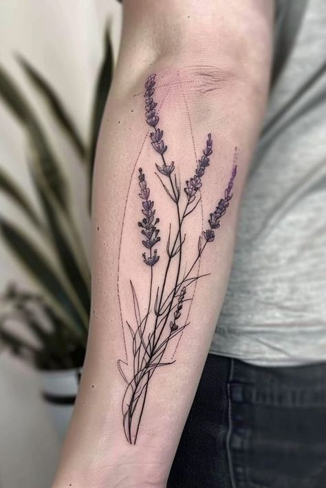 30 Lavender Tattoos That Will Make You Want To Run To The Tattoo Parlor Lavender Drawing Tattoo, Lavander Tattoo Arm, Heather Tattoo, Lavender Tattoos, Buckle Up Buttercup, Lavender Tattoo, Tattoo Parlor, Dot Work Tattoo, Tattoo Arm