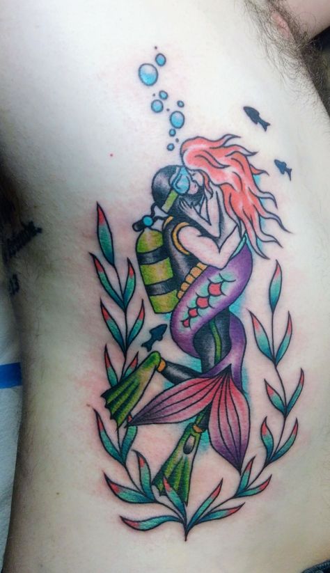 My Scuba Diver & Mermaid Tattoo Mermaid And Scuba Diver Tattoo, Mermaid Diver Tattoo, Diver Tattoos, Mermaid And Diver, Scuba Diver Tattoo, Black And White Mermaid, Scuba Tattoo, Diver Tattoo, Shoulder Sleeve Tattoos