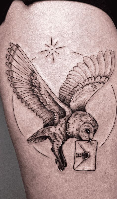 Hedwig Tattoo Design, Owl Tattoo Harry Potter, Harry Potter Tattoos Hedwig, Harry Potter Hedwig Tattoo, Hedwig Tattoo Harry Potter, Harry Potter Hedwig Drawings, Tattoo Ideas Nerdy, Harry Potter Owl Tattoo, Hedwig Drawing