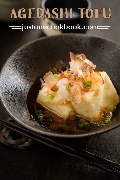 Agedashi Tofu 揚げ出し豆腐 - A popular appetizer menu at Izakayas and Japanese restaurants, Agedashi tofu is crispy deep fried tofu served in flavorful tsuyu sauce with grated radish, green onion, and bonito flakes as toppings. #japanesefood #tofurecipes #deepfriedtofu #asianrecipes #appetizers #izakayafood | Easy Japanese Recipes at JustOneCookbook.com Tsuyu Sauce, Agedashi Tofu, Japanese Appetizers, Deep Fried Tofu, Bonito Flakes, Asian Dish, Just One Cookbook, Easy Japanese Recipes, Popular Appetizers