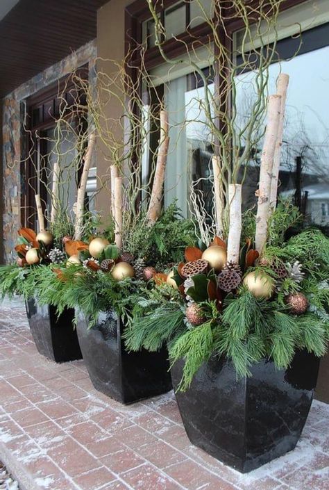 Modern Winter Planters Outdoor, Evergreen In Pots Front Porches, Winter Pots Outdoor Planters, Outdoor Holiday Planters, Porch Decoration Ideas, Winter Porch Decorations, Fall Pots, Porch Pots, Outdoor Christmas Planters