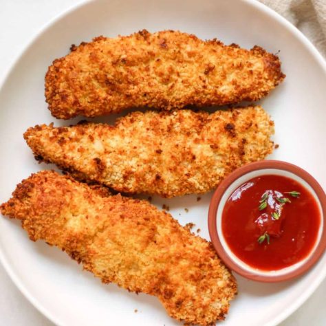 Air fryer chicken tenders are coated in egg wash and panko breadcrumbs, then air fried until golden super crispy. Panko Chicken Wings Air Fryer, Air Fryer Panko Chicken Tenders, Panko Chicken Tenders Air Fryer, Air Fryer Chicken Strips, Air Fryer Crispy Chicken, Panko Chicken Tenders, Air Fried Chicken Tenders, Frozen Fish Fillets, Healthy Air Fryer Recipes