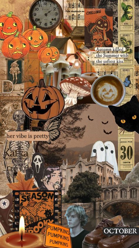 O C T O B E R Fall And Halloween Wallpapers, Spooky Vibes Wallpaper, Spooky Halloween Aesthetic Wallpaper, Halloween Mood Board, Halloween Backrounds, Fall Collage, Handmade Halloween Decorations, Unique Wreaths, Halloween Collage