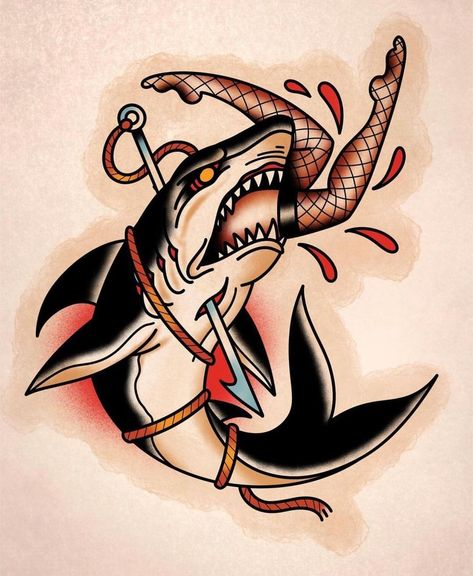 Traditional Shark Tattoo, Tattoo American Traditional, Hai Tattoo, Traditional Tattoo Drawings, Traditional Tattoo Old School, Old School Tattoos, Traditional Tattoo Inspiration, Traditional Tattoo Designs, Traditional Tattoo Sleeve