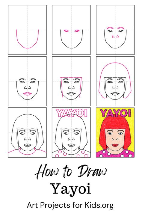 Learn how to draw Yayoi Kusama with an easy step by step tutorial. Free PDF download available. #howtodraw #artprojectsforkids #yayoi Van Gogh Coloring, Portraits For Kids, Artist Van Gogh, Polka Dot Art, Self Portrait Art, Portrait Tutorial, Art Projects For Kids, Directed Drawing, Art Appliqué