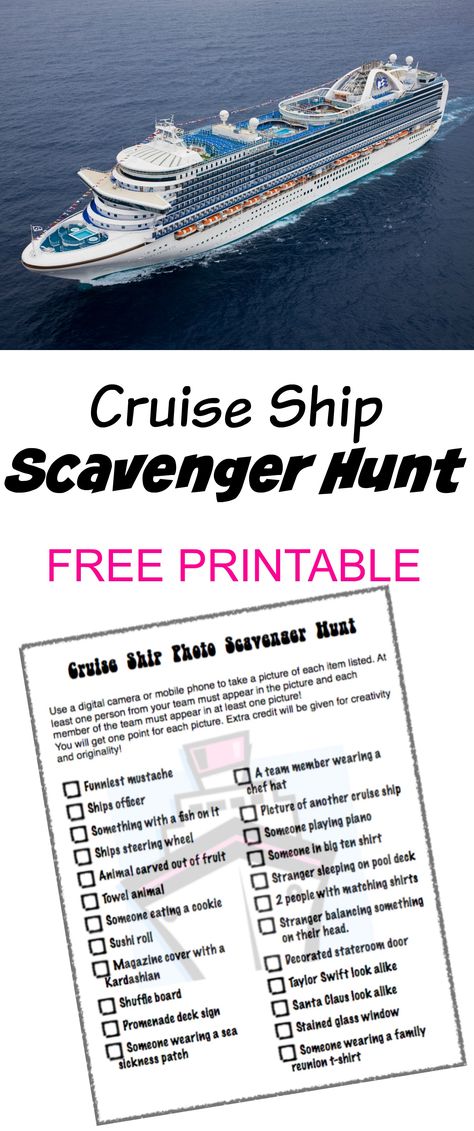 Cruise Ship Scavenger Hunt Ideas For Adults, Birthday Cruise Ideas, Cruise Ship Scavenger Hunt, Cruise Scavenger Hunt, Birthday On A Cruise, Family Reunion Cruise, Cruise Theme, Princess Party Games, Ship Photo